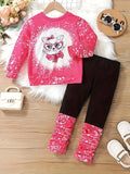 2-Piece Cartoon Cat Pattern Crew Neck Long Sleeve Sweatshirt Pullover Set with Joggers - Soft, Comfy, and Cozy for Girls' Casual Wear - Perfect for Sports and Outdoor Activities