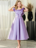 Exquisitely Handcrafted Lavender Dream Flower Girl Dress - Luxurious Satin Formal Gown with Fluttery Angelic Sleeves and Delicate Floral Embellishments for Special Occasions