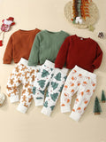 2pcs Christmas Waffle Baby's Round Neck Long Sleeve Pullover & Cute Cartoon Print Trousers Set, Outdoor Cloth