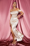 lovefery Bakan Off Shoulder Satin Slit Maxi Dress