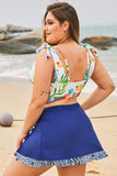 Blue Printed Hemline Slit Plus Size Swim Skirt