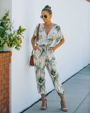 Sunset View Pocketed Palm Print Striped Jumpsuit - Taupe