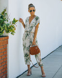 Sunset View Pocketed Palm Print Striped Jumpsuit - Taupe