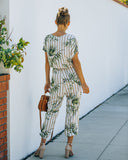 Sunset View Pocketed Palm Print Striped Jumpsuit - Taupe