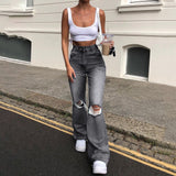 lovefery  High Street Women's Jeans Y2K High Waist Ripped Denim Jeans Straight Pants Streetwear Wide Leg Jeans Casual Loose Baggy Trousers