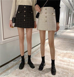 lovefery Plaid Tweed Skirts Office Lady High Waist Mini Skirt Woolen Clubwear Vintage Buttons Black White Zipper Shorts Skirt