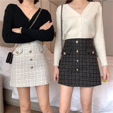 lovefery Plaid Tweed Skirts Office Lady High Waist Mini Skirt Woolen Clubwear Vintage Buttons Black White Zipper Shorts Skirt