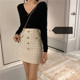 lovefery Plaid Tweed Skirts Office Lady High Waist Mini Skirt Woolen Clubwear Vintage Buttons Black White Zipper Shorts Skirt