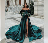 lovefery Eightree Royal Green Long Off  Shoulder Caftan Evening Dresses Detachable Train Velvet Side Long Sleeve Slit Evening Party Gowns