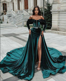 lovefery Eightree Royal Green Long Off  Shoulder Caftan Evening Dresses Detachable Train Velvet Side Long Sleeve Slit Evening Party Gowns