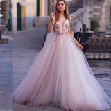 lovefery Boho Wedding Dress 3D Flowers Light Purple Beach Bride Dresses Backless Puff Tulle Wedding Gowns Long Train Floor Length