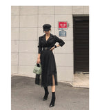 lovefery Elegant Blazer Dresses   Spring Casual Mesh Patchwork Notched Collar Long Sleeve With Belt Midi Dresses Big Swing Vestidos