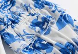 lovefery Tops Women Vintage Blue And White Porcelain Floral Print Chiffon Blouse Frill Trim Tie Puff Sleeve Back Smocked Summer Blouses