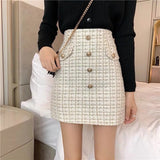 lovefery Plaid Tweed Skirts Office Lady High Waist Mini Skirt Woolen Clubwear Vintage Buttons Black White Zipper Shorts Skirt