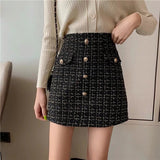 lovefery Plaid Tweed Skirts Office Lady High Waist Mini Skirt Woolen Clubwear Vintage Buttons Black White Zipper Shorts Skirt