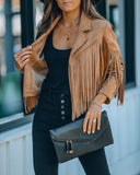 Walford Cropped Fringe Faux Suede Jacket - Camel