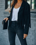 Walford Cropped Fringe Faux Suede Jacket - Black