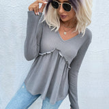 LOVEFERY autumn new popular 2025 splicing knitted sweater v-neck ruffle edge waffle knitted bottoming top