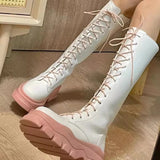 Super Tender Girl Pink Martin Boots White Platform below the Knee Long Boots Lace up Knight Height Increasing Princess Ins