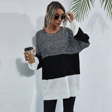 LOVEFERY popular autumn and winter women's new top striped splicing knitted sweater New Popular trade lazy pullover medium and long sweater