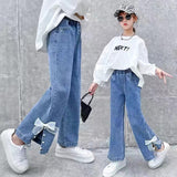 LOVEFERY Girls' Wide-Leg Pants  Spring and Autumn New Children's Western Style Girls Medium and Big Children Loose Casual Straight-Leg Jeans Fashion