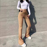 lovefery  In Stock HOTan and NEWn Ins Temu Women's Pants Fashion Pure Color Tight High-Waisted Boot-Cut Pants Women's High Elasticity Bottoming Casual Pants