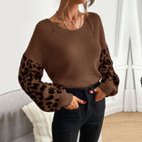 LOVEFERY Popular trade autumn and winter popular new V-neck knitted pullover top loose and lazy leopard print splicing sweater women