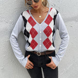 LOVEFERY popular autumn new New 2025 college rhombus v-neck sweater slim-fitting knitted cardigan women's long-sleeved top