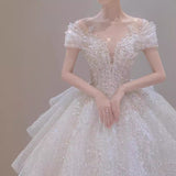 lovefery off-Shoulder Wedding Dress Bride  New Main Yarn Texture  Heavy Industry Small Man Go out Light Yarn Tail