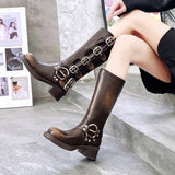 Yi Mengling Same Style Brush Color Genuine Leather Knee-High Boots  New Square Head Sleeve Motorcycle Retro Western Cowboy Boot Fashion