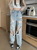 lovefery  WS Fashion Big Ripped Straight Jeans Women's Summer New Slimming High Waist Exposed Knee Street Beggar Wide Leg Long