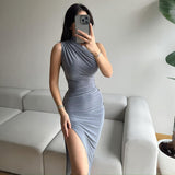 LOVEFERY style cross-border 2025 summer new solid color split fork high waist slim fit sexy sleeveless long women's dress