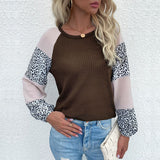 LOVEFERY popular popular autumn New women's waffle crew neck top splicing leopard print bottoming knitted sweater