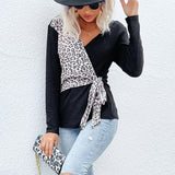 LOVEFERY New  New 2025 Design Top One-piece Leopard Print Splicing Long Sleeve Black T-Shirt