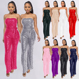 lovefery 2025 INS style sleeveless sequined belt onesie Popular trade independent station solid color women's tube top backless jumpsuit