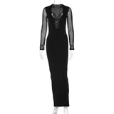 LOVEFERY style cross-border foreign trade women's clothing 2025 autumn and winter new hollow mesh long-sleeved deep V-neck lace-up dress