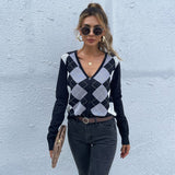 LOVEFERY Strictly selected  popular autumn new 2025 rhombus v-neck cardigan knitted sweater slim retro top women