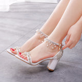 LoveFery Square White Rhinestone Tassel Bride Wedding Heels