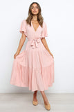 Solid Split Joint With Belt V Neck Cake Skirt Dresses