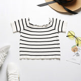 LOVEFERY New Popular trade summer new 2025 one-word shoulder striped navel top short-sleeved fungus edge short t-shirt