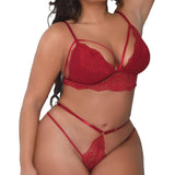 lovefery Red Lace Crochet Adjustable Spaghetti Strap Lingerie Set