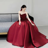 lovefery Tube Top Bridal Toast Dress Wine Red High Sense  New Satin Engagement Wedding Dress Evening Dress Long