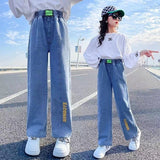 LOVEFERY Girls' Wide-Leg Pants  Spring and Autumn New Children's Western Style Girls Medium and Big Children Loose Casual Straight-Leg Jeans Fashion