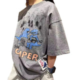 LOVEFERY In Stock 24 Spring and Summer Boys and Girls Dark Gray Dinosaur Cartoon Children's Funny T-shirt All-Match and Cute round Neck Base T Children