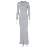 LOVEFERY style cross-border women's clothing 2025 summer new fashionable and sexy slim-fitting solid color round neck mid-waist long-sleeved dress