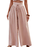 lovefery  Women's Summer Wide-Leg Casual Pants Lightweight Adjustable High Waist Lace-up Loose Trousers