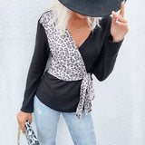 LOVEFERY New  New 2025 Design Top One-piece Leopard Print Splicing Long Sleeve Black T-Shirt