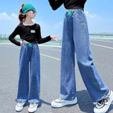 LOVEFERY Girls' Wide-Leg Pants  Spring and Autumn New Children's Western Style Girls Medium and Big Children Loose Casual Straight-Leg Jeans Fashion