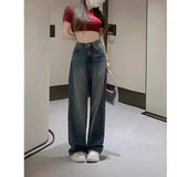 lovefery  Washed-out Vintage Wide Leg Jeans for Women Autumn and Winter New  Hong Kong Style Loose High Waist Slimming Straight Mop Pants