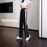 lovefery  Ice Silk Wide-Leg Pants Women  New Loose Black and White Contrast Color Casual Pants High Waist Casual Baggy Straight Trousers